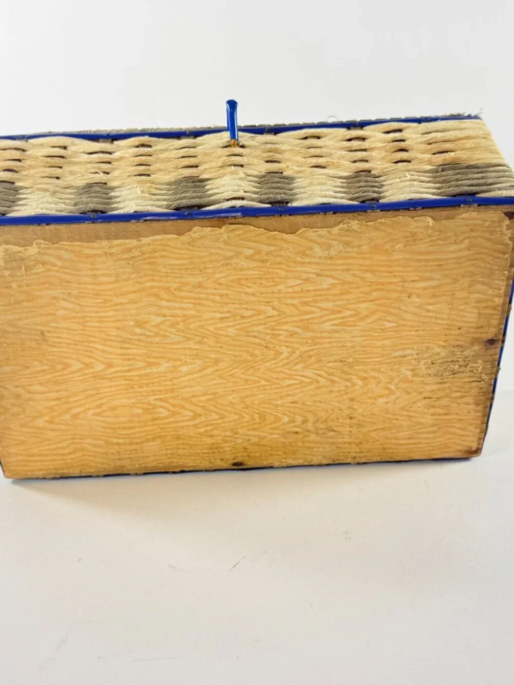 Vintage Woven Sewing Basket With Blue Satin Interior & Assorted Threads